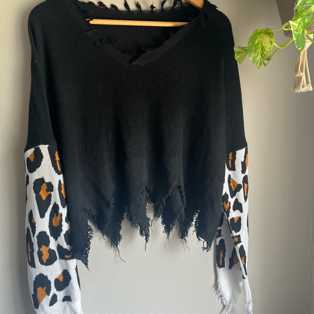 SHEIN Black Distressed V-Neck Sweater with Leopard Print Sleeves